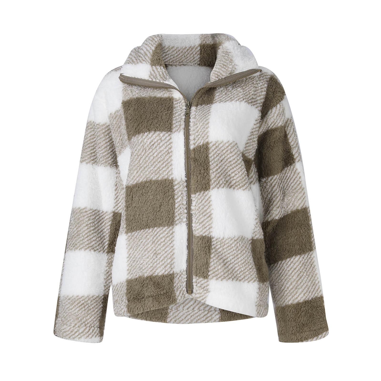 

Женский осенне-зимний кардиган на молнии, повседневная двухсторонняя плюшевая короткая куртка в клетку XL хаки