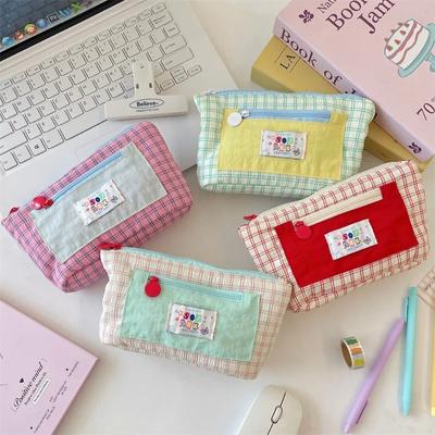 Color Block Plaid Pencil Case Dopamine Style Large Capacity Stationery Organizer Student School Supplies Bag