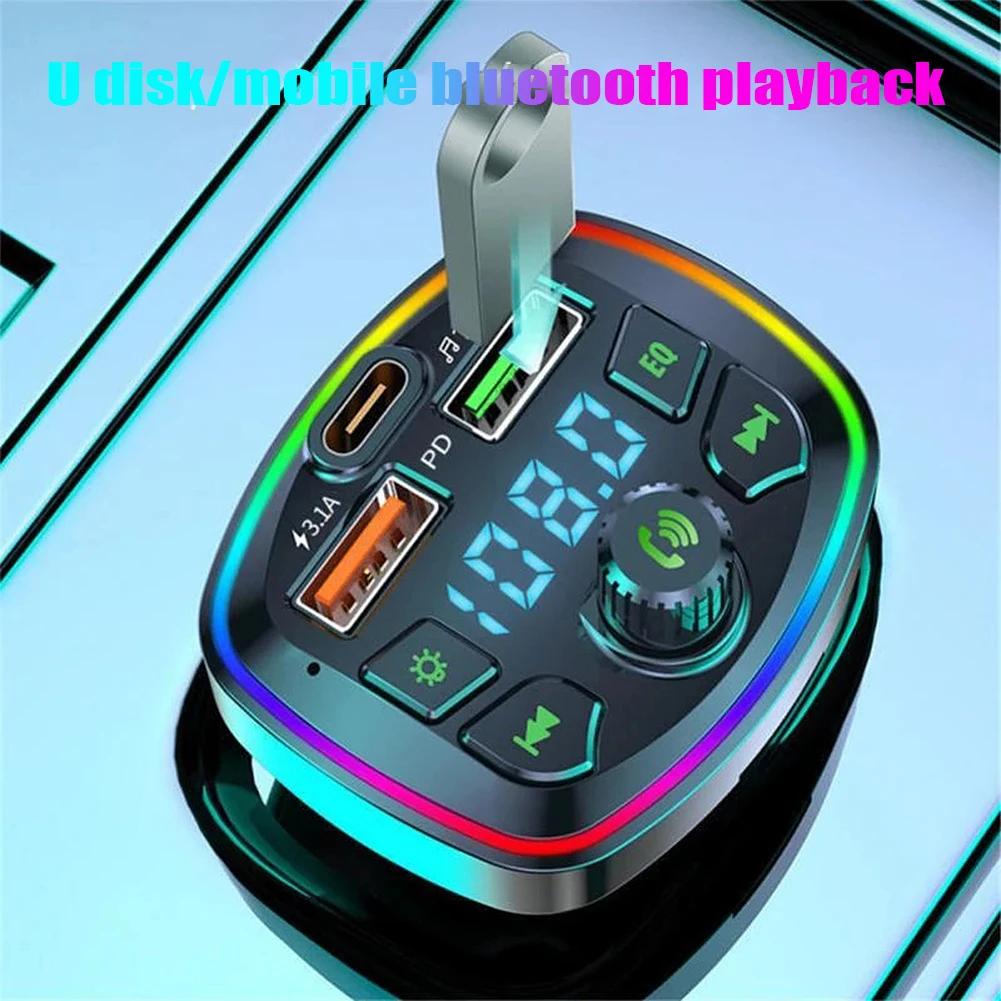 Car Bluetooth 5.0 FM Transmitter PD 18W Type-C Dual USB 4.2A Fast Charger LED Backlit Atmosphere Light MP3 Player Lossless Music