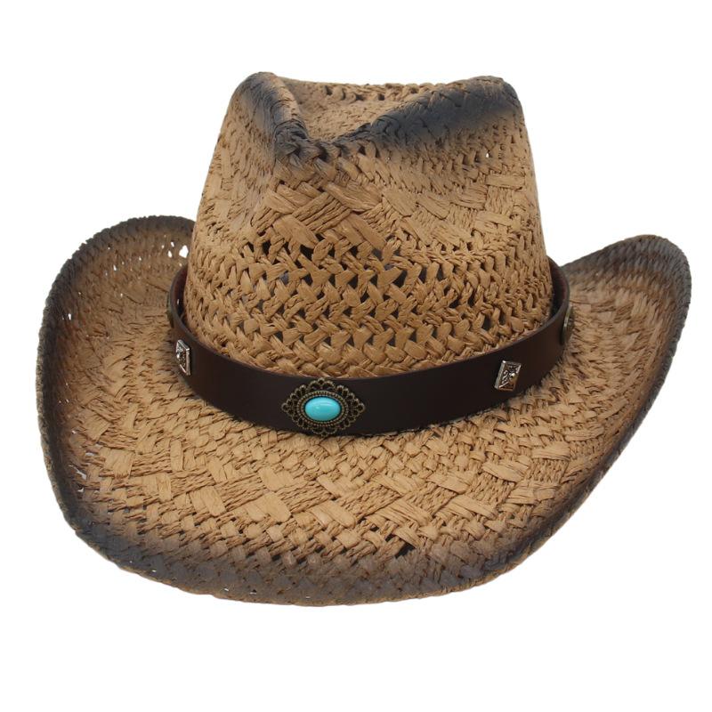 Cowboy Straw Hat Women'S Belt Decorative Sunscreen Shade Beach Hat Cowboy Hat Panama Hollow Straw Hat