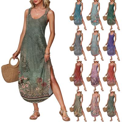 Women's Summer Long Dress, Sleeveless with Side Slits, Long Retro Printed Camisole Dress