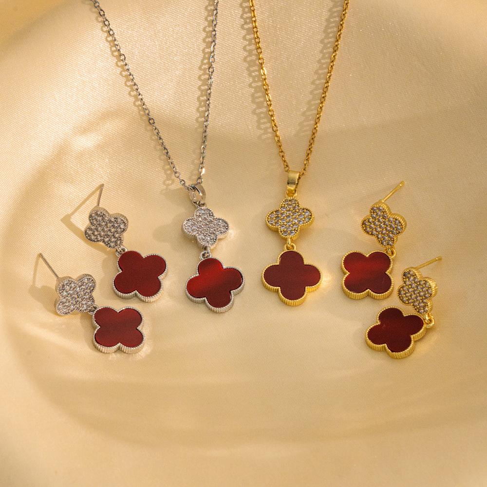 2PCS High-Quality Elegance Luxury Full Zircon Heavy Metal Plated Solid Gold Electroplated Copper Micro-Faceted Earrings Necklace Set Combo