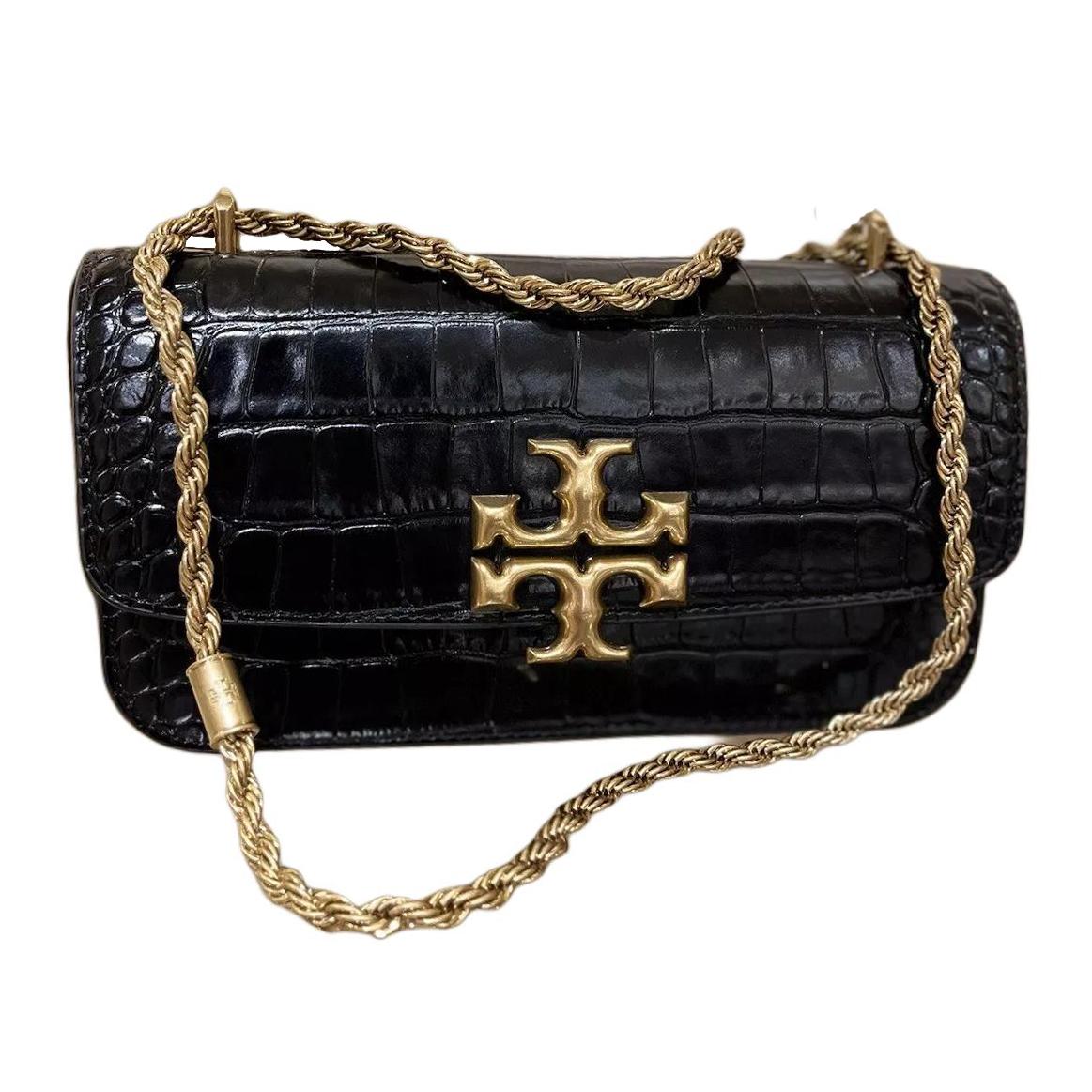 

Tory Burch Eleanor Solid Double T Logo Crocodile Pattern Flap Chain Leather Handbag Women handbags Black Gold 152261-890 Basic Set (Bag+Dust Bag)