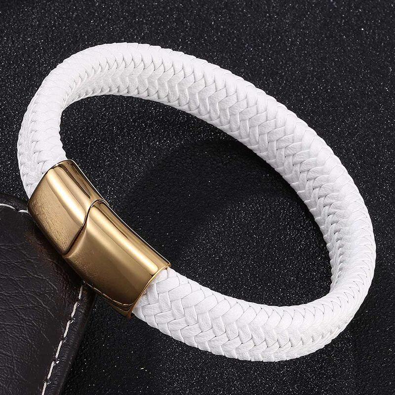 Bracelet Men White Leather Bracelet With Steel Clasp Jewelry Fashion Bangles Gift