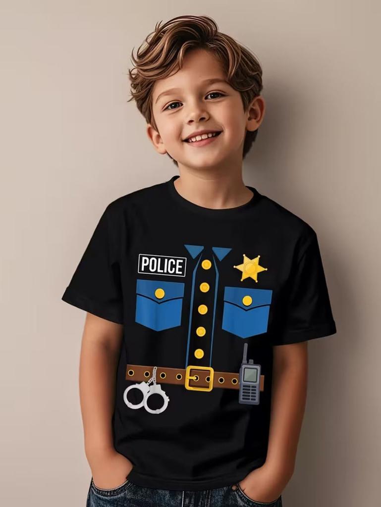 Children's T-Shirt Boy Cool Police Badge Print Fashion Round Neck Short Sleeve Summer Outdoor Sport Perfect Gift T-Shirt for Boy