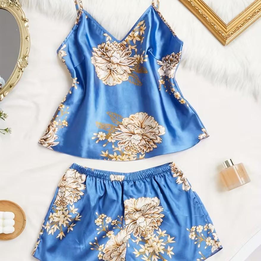 

New European and American printed two-piece pajamas, sexy fashion suspender set, spring and summer printed thin loungewear XL синій