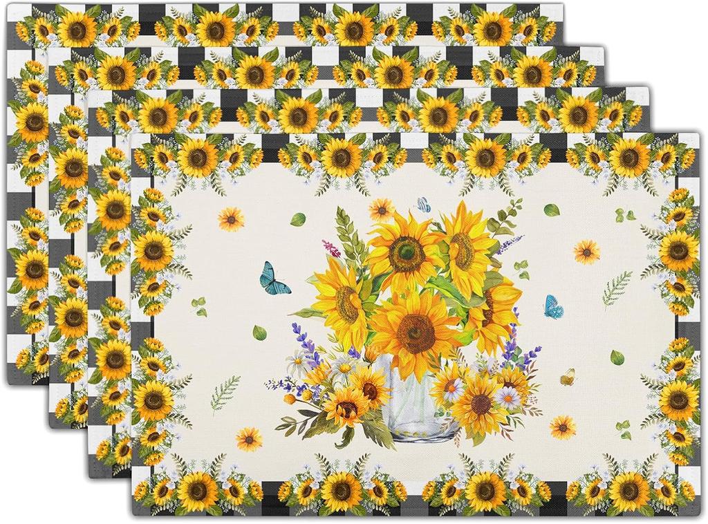 Sunflower Placemats Set of 4 18x12 Inch Summer Fruit Black and White Buffalo Plaid Linen Place Mats Wipeable Yellow Floral Table Mat