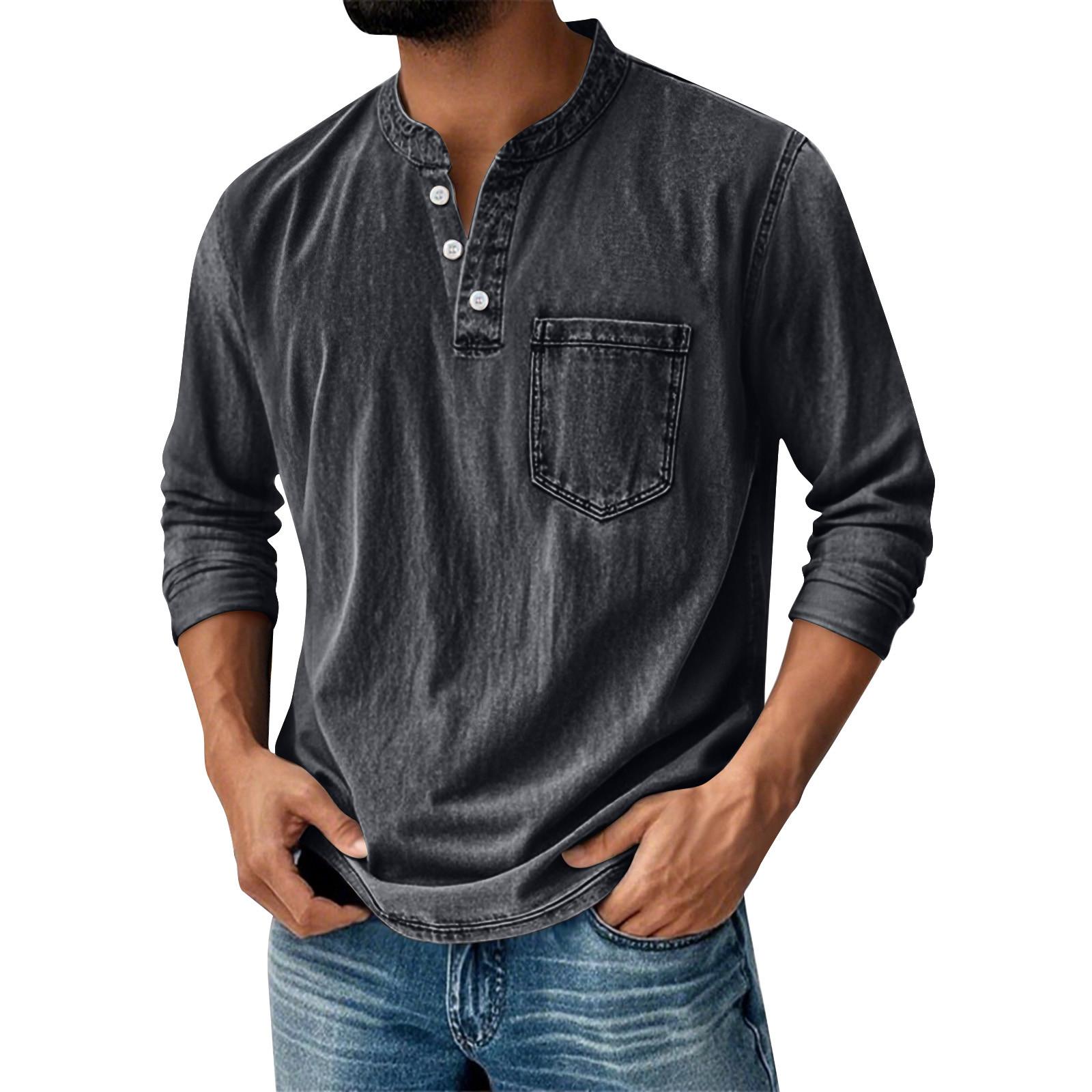 

Men s Solid Color Washed Sports Button Pocket Stand Collar Long Sleeve Top L