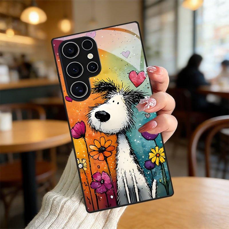 

Tempered glass phone case For Galaxy S26, S21, S22, S23, S24, S25, and FE Ultra Plus. Cartoon dog, heart, and flower design. For Galaxy S26