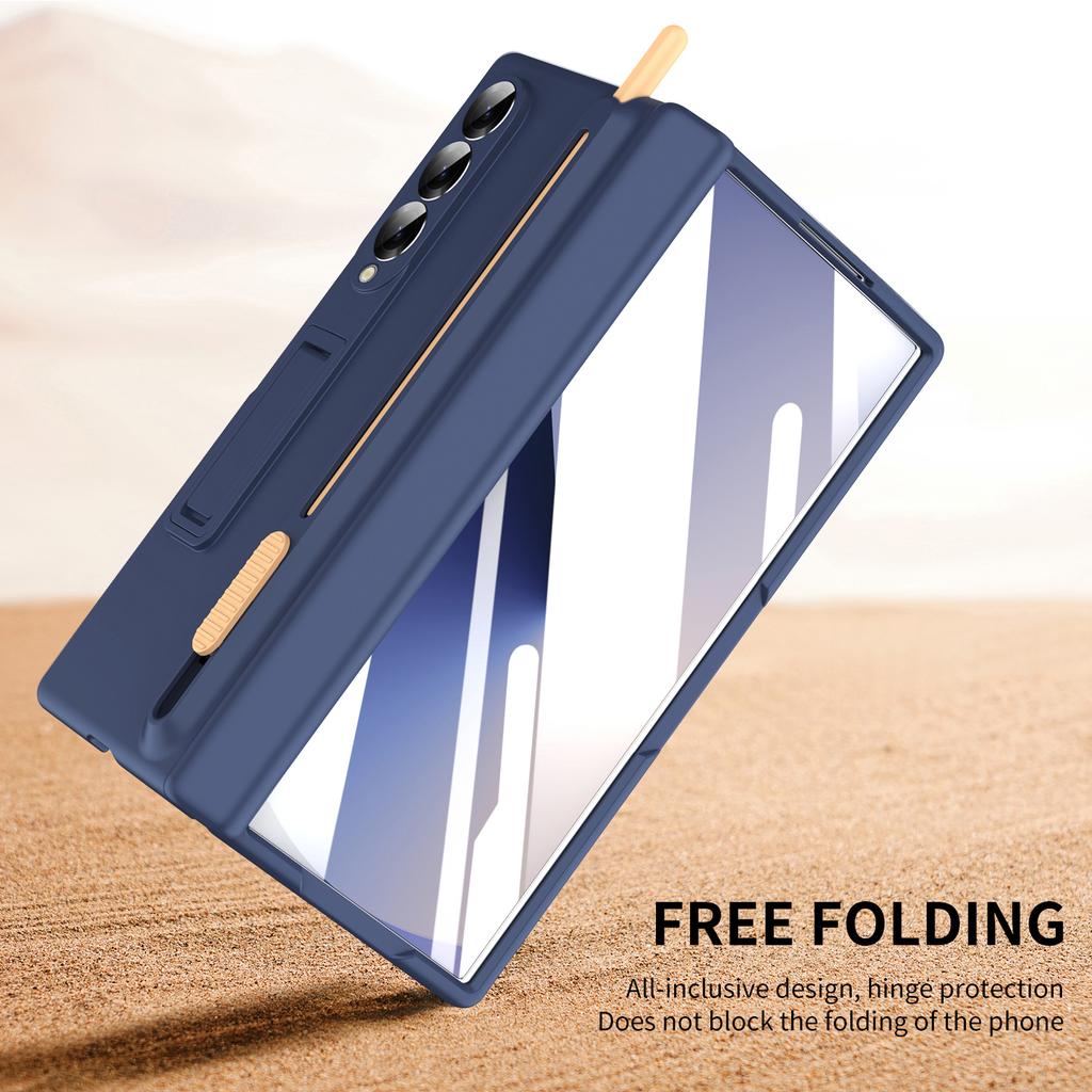 For Samsung Galaxy Z Fold4 5G Kickstand Phone Case with Tempered Glass Screen Protector and Stylus Pen