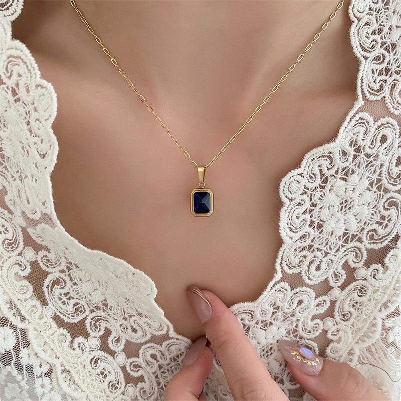 Blue-Green Champagne Gemstone 18K Plated Titanium Steel Retro Necklace - Trendy European American Style for Women and Couples.