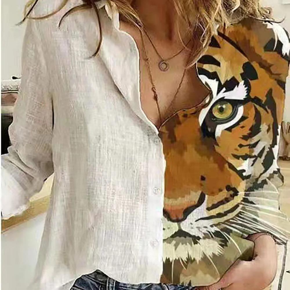 Fashion Stitching Retro Face Print Long Sleeve Blouse Women Lapel Button Casual Top Lady Shirts