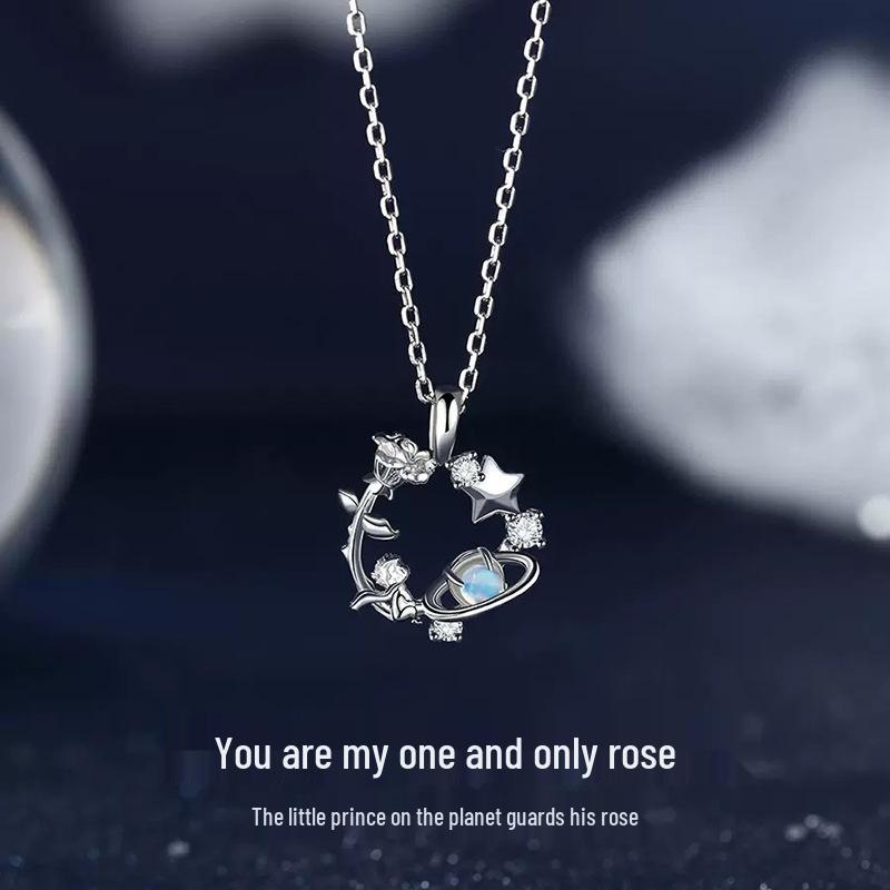 Náhrdelník Malý princ s růží z ryzího stříbra 925 - Elegantní přívěsek planeta, Perfektní vánoční dárek pro ni