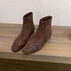 Coarse Heel Suede Splicing Brown Square Head Martin Boots Women's Boots 2025 Autumn and Winter French Small Nude Boots Skinny Short Boots