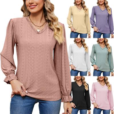 2024 European And American Autumn And Winter New Lace V-Neck Solid Color Loose Long Sleeved T-Shirt Top For Women