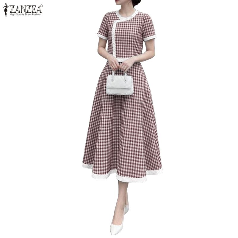 ZANZEA Women Plaid Print Casual Round Neck Short Sleeve Dress
