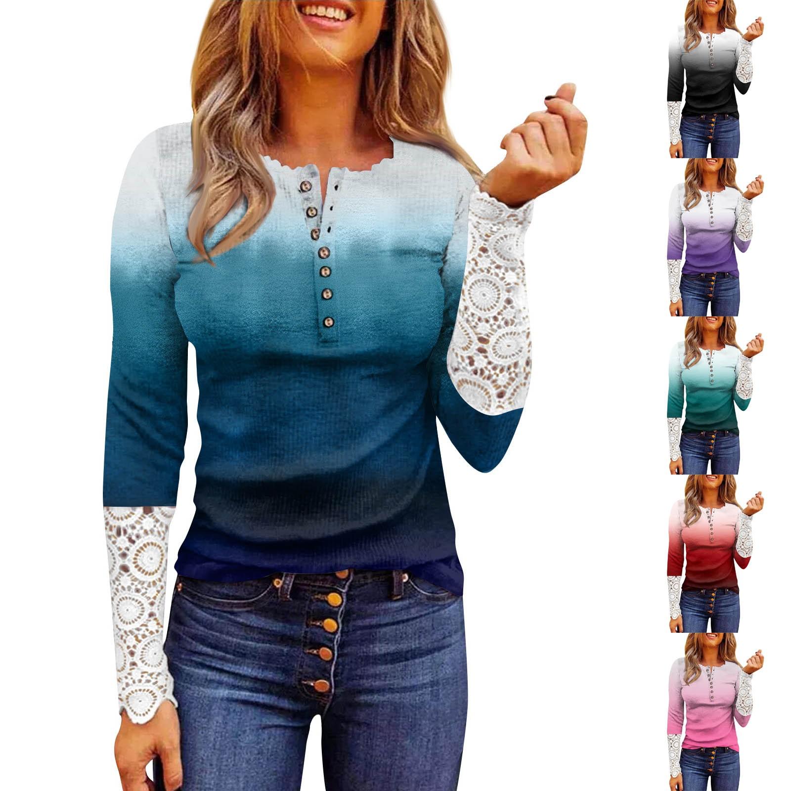 

Женский круглый вырез с пуговицами, осенний тонкий кружевной топ с принтом и длинными рукавами L чёрный