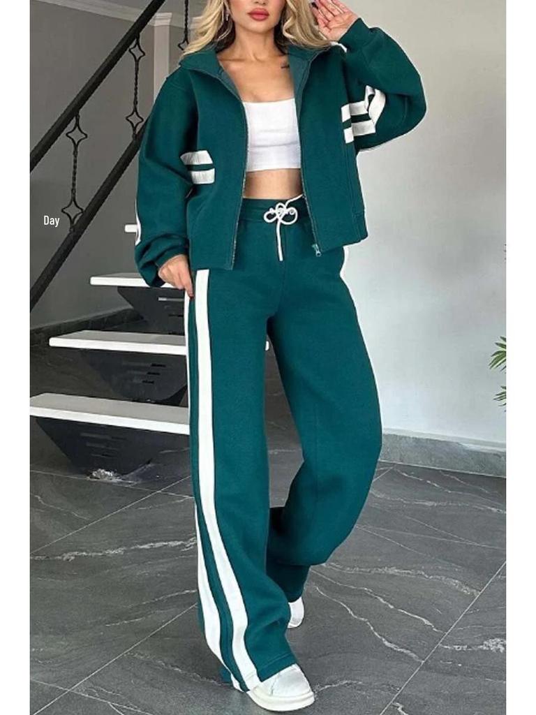 2025 Women's Striped Zipper Jacket & Casual Sportswear Set - Spring/Summer Collection