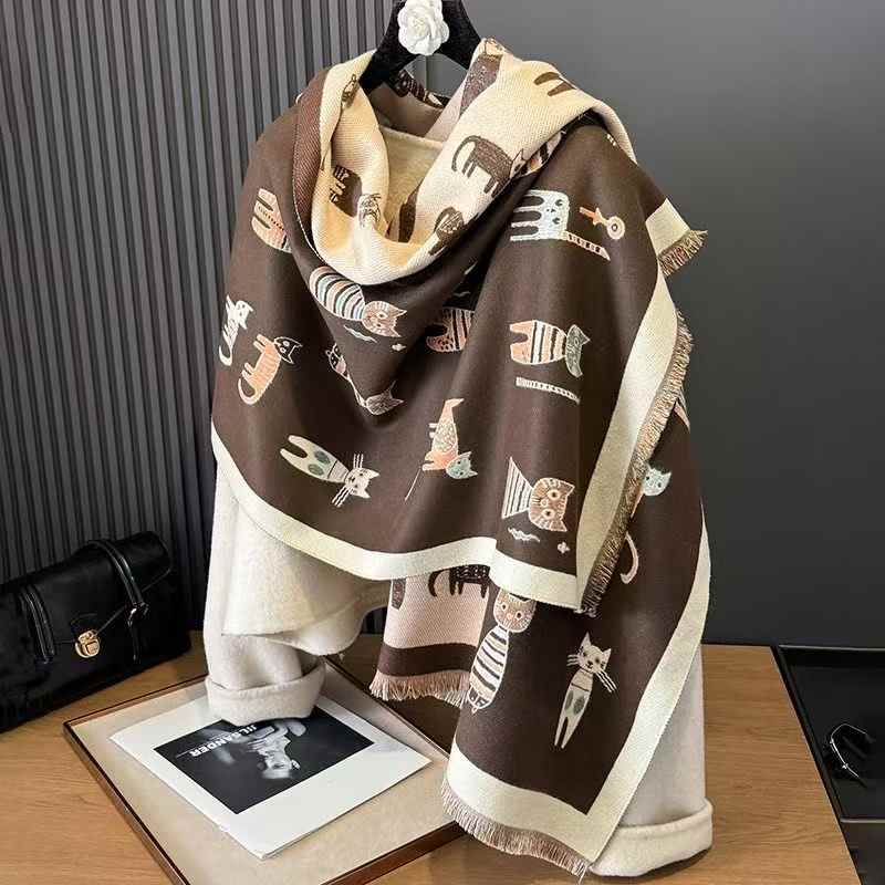 

Cute Cartoon Cat Double-Sided Double-Wear Faux Cashmere Women S Winter Thickened Warm And Cold-Proof Scarf Shawl For Students One Size