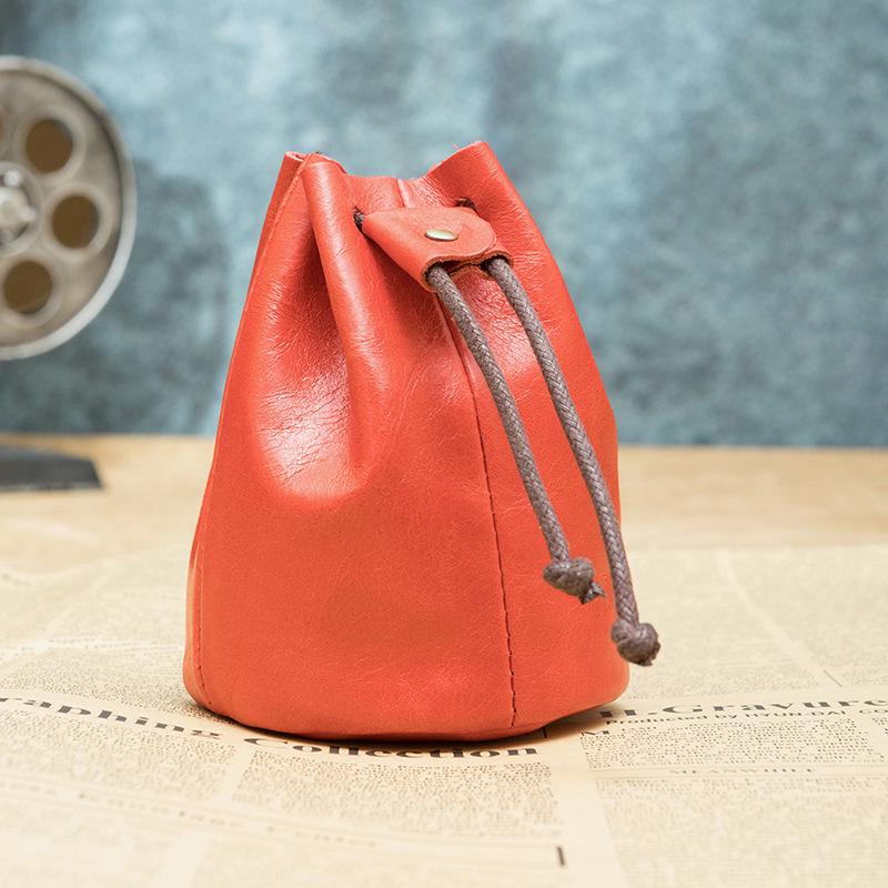 Vintage Leder-Münzbörse - Obernarben-Rindsleder, Kleine Geldbörse, Lippenstift-Aufbewahrung mit Kordelzugverschluss