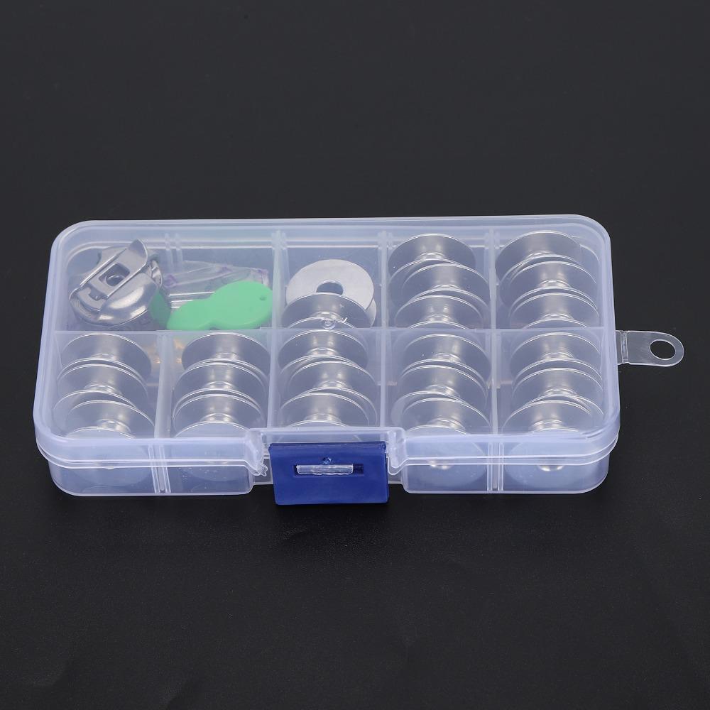 36pcs Metal Bobbins Sewing Machine Bobbin Set Aluminium Silver Sewing Machine Bobbin Plastic Storage Box