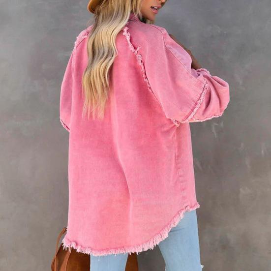 Giacca da donna in denim Colletto rovesciato Distress Orlo con frange Bottone Tasca grande Lavato Tinta unita Cappotto oversize da donna di media lunghezza oversize Lavato