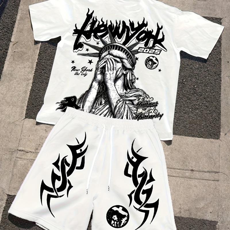 

2-pack Men s New York Lettering Print Crew Neck Short-sleeved T-shirt and Shorts Set S