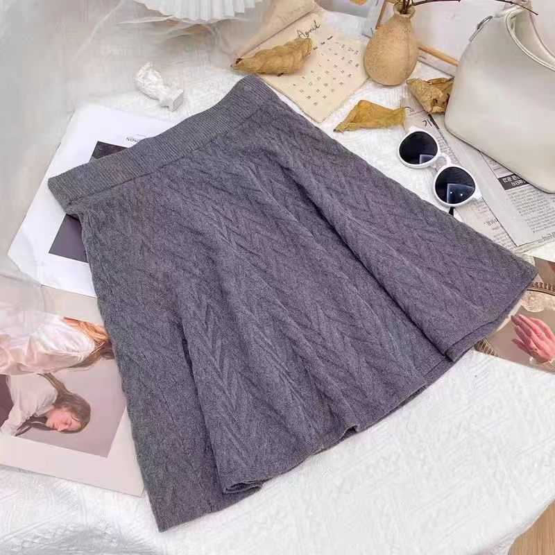 Knitted Midi Skirt for Women Autumn and Winter High Waist Short A-line Pleated Skirt Short Skirt