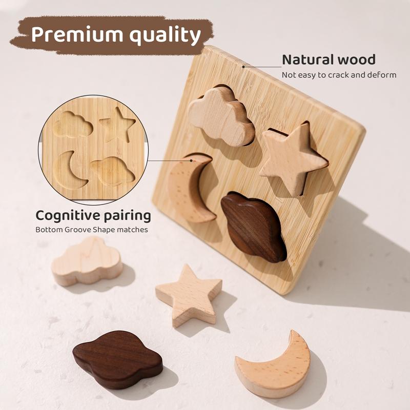 Baby Wooden Montessori Puzzle Stars And Moons Shapes Toys BPA Free Teether Intelligence Developing Games Safety Toddler Gifts