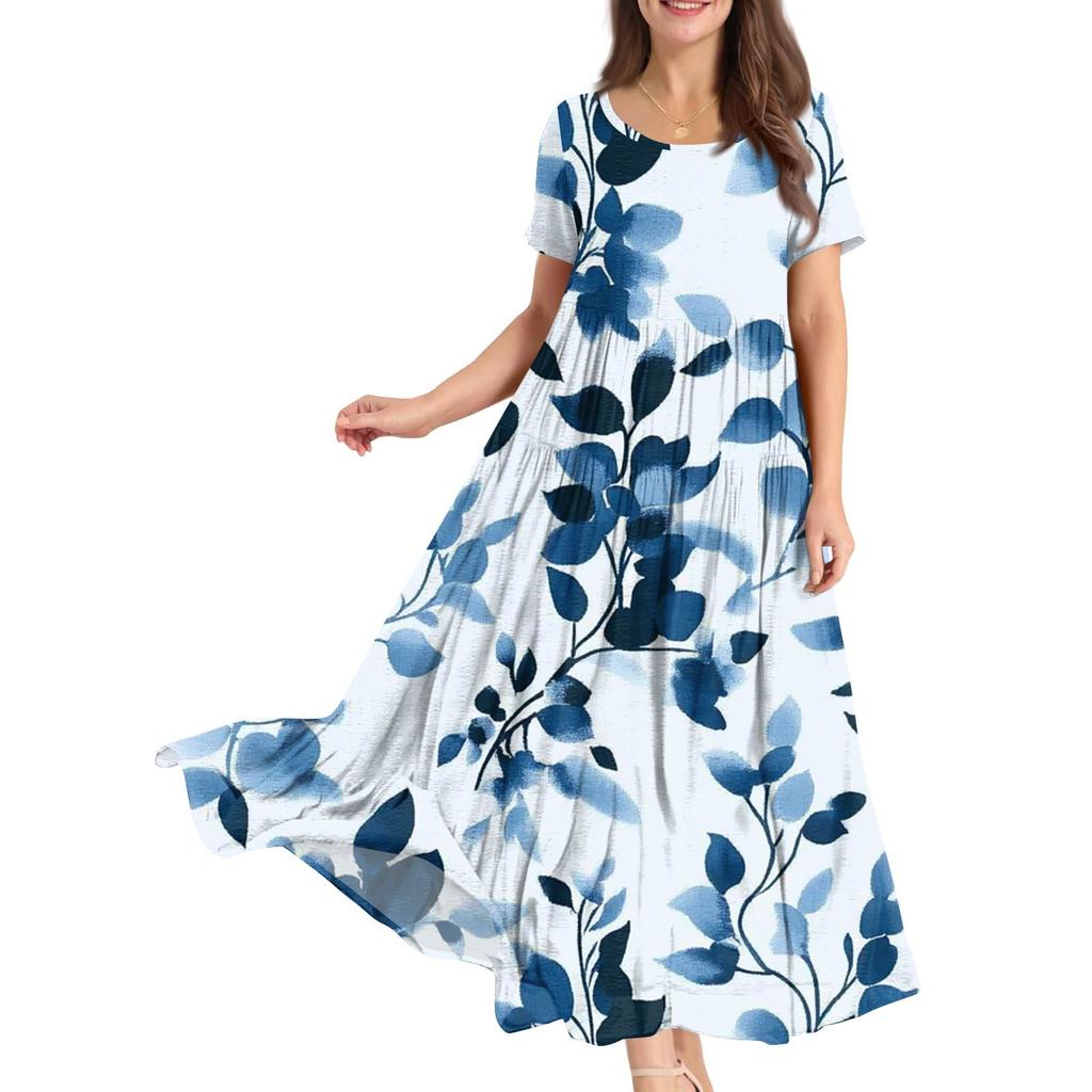 Damen Sommer Rundhals Kurzarm Geblümtes Boho Lockeres Kleid