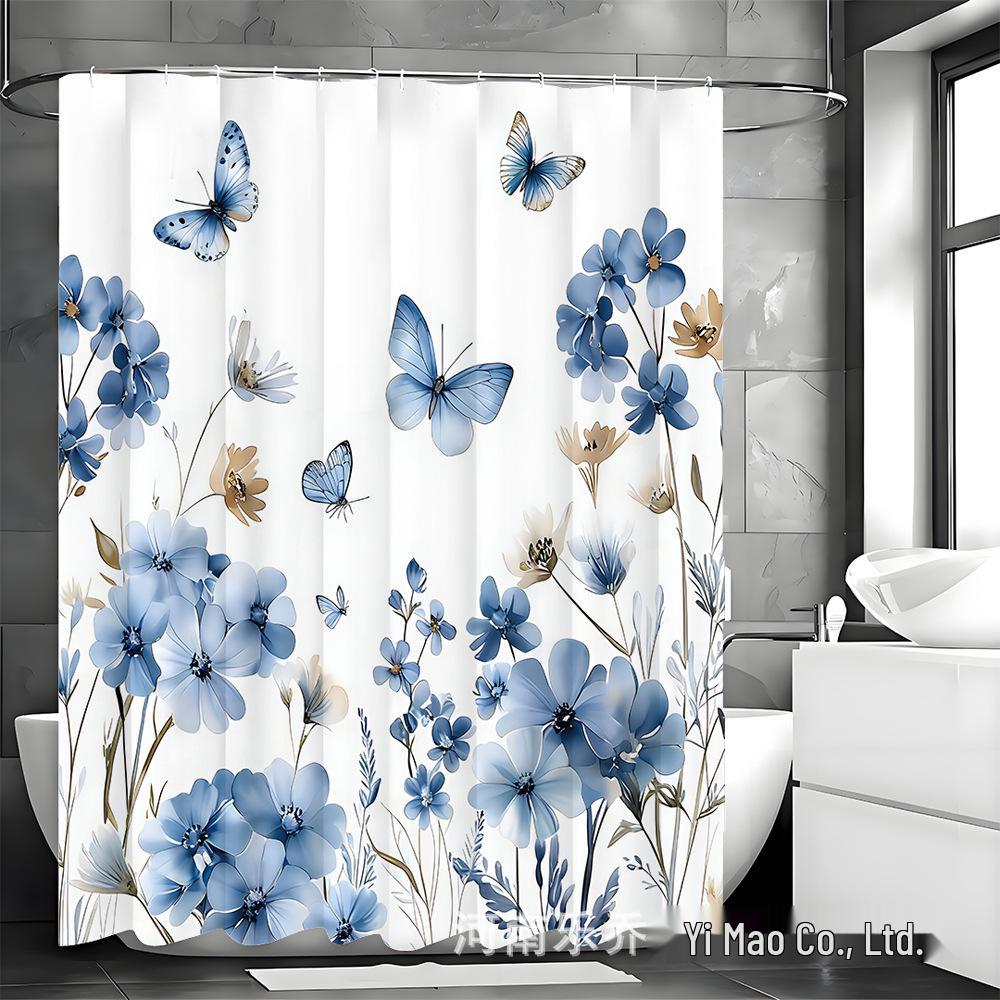 Blue Butterfly Bathroom Set: Shower Curtain, Bath Mat, Toilet Lid Cover, Bathroom Mat & 12 Hooks.