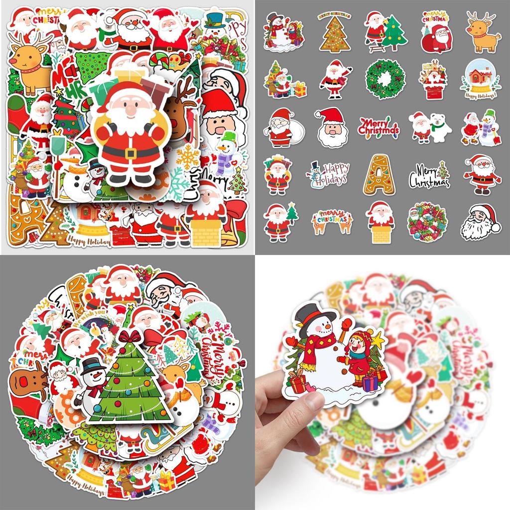 50pcs Santa Claus Xmas Tree Snowman Pvc Waterproof Reusable Stickers For Bag Decoration