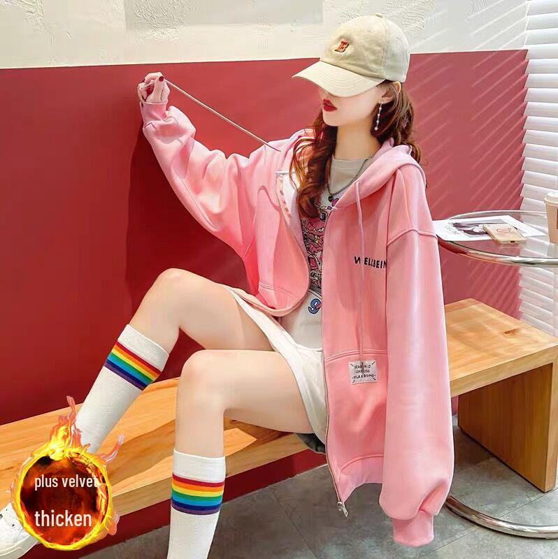 Chinese Cotton Silver Fox Velvet Hooded Cardigan Sweater with Back Collar and Print.