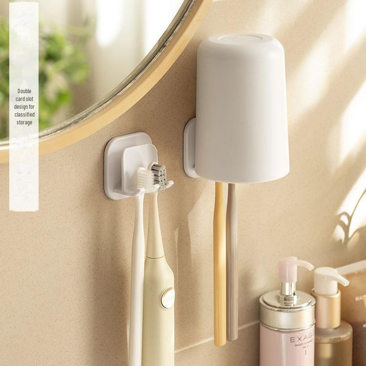 Japanese-Style Wall-Mounted Toothbrush and Mouthwash Cup Holder - Punch-Free Electric Toothbrush Storage and Drain Rack.