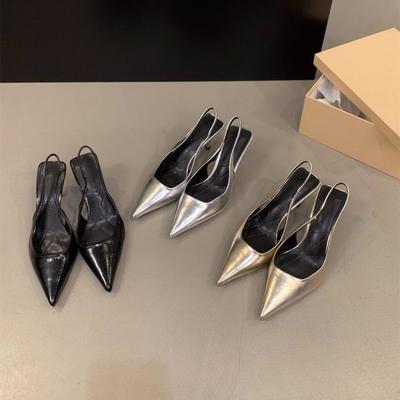 Silver High Heels Pointed Head Temperament Bag Head Sandals Fairy Shoes Spring And Autumn French Back Empty Single Shoes