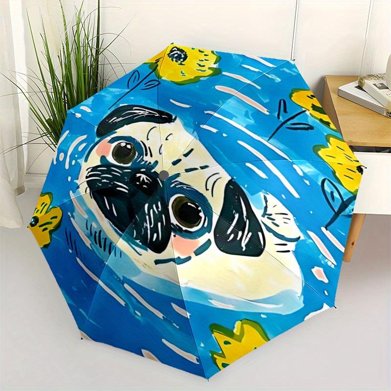 1pc Pug Flowers Automatic Folding Umbrella Portable Collapsible Design, 8-Rib Iron Frame, Durable Fabric, All-Season Casual Outdoor Accessor
