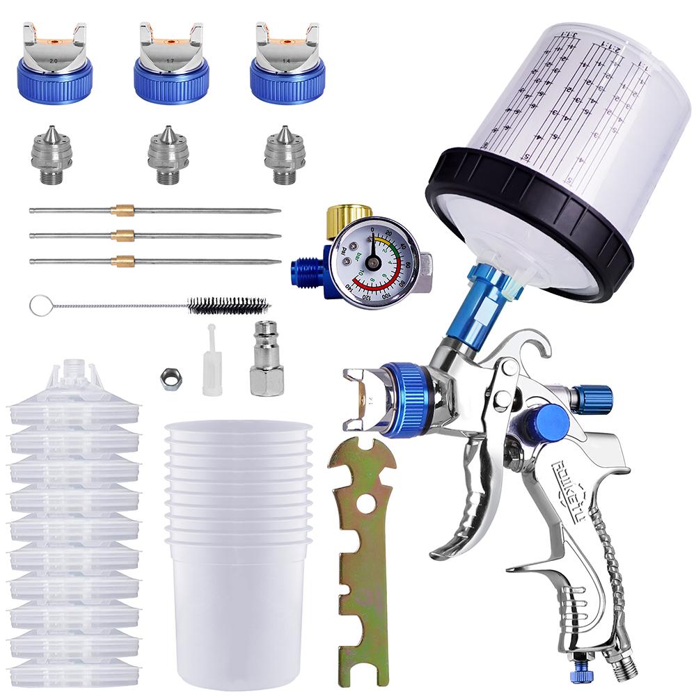 HVLP Spay Gun 1.4/1.7/2.0mm Nozzle Gravity Airbrush For Car Painting Tool 10pcs 600ml No Clean Disposable Measuring Cup