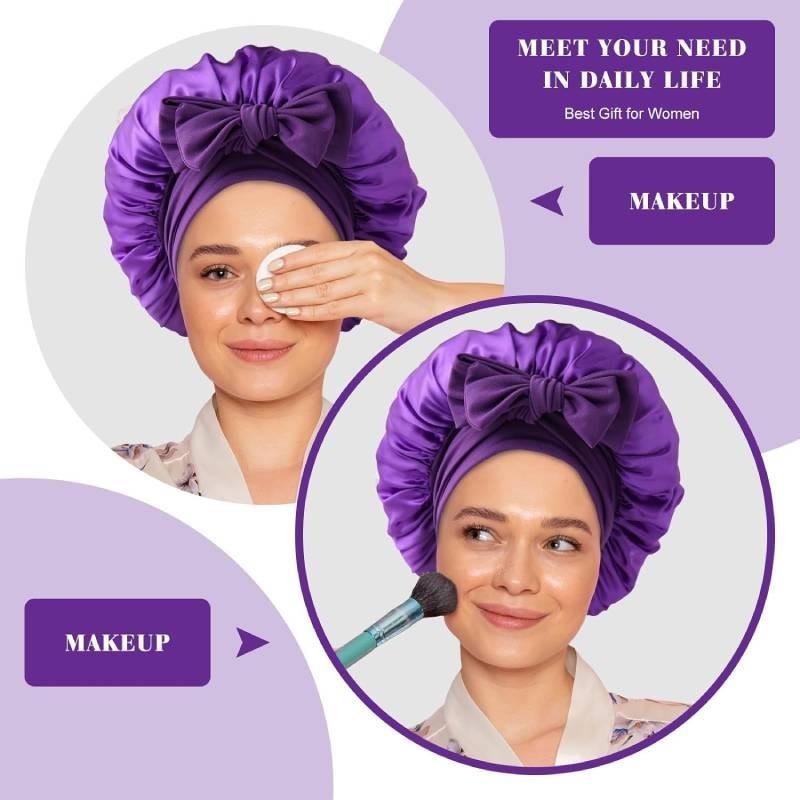 Bonnet de Nuit en Satin pour Femmes avec Nœud Papillon Lien Réglable Soin des Cheveux Bonnet de Nuit Doux en Soie