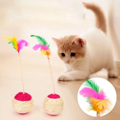 Haustier Katze Pfoten Schleifen Interaktiver Spielball Katzenspielzeug Sisal Federball Spielzeug Bunter Feder Deckenball