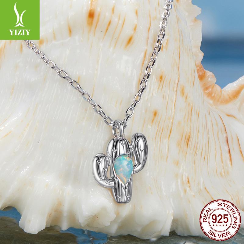 S925 Sterling Silver, Creative Cactus Opal Necklace Women'S Light Luxury Niche Jewelry Cross-Border Ns Style