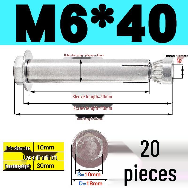 Stainless Steel Expansion Screw: Hexagonal Head with Internal Expansion (304/201), Sizes M6, M8, M10, M12.