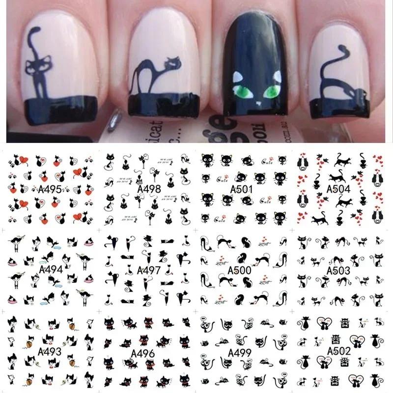 

New Minimalist Cat Cartoon Children s Black Cat White Cat Nail Stickers With 12 Types чёрный