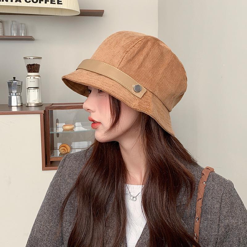 Women's High-End Corduroy Bucket Hat - Hepburn Style, Autumn/Winter Fedora & Sun Hat, Versatile for Cold Weather