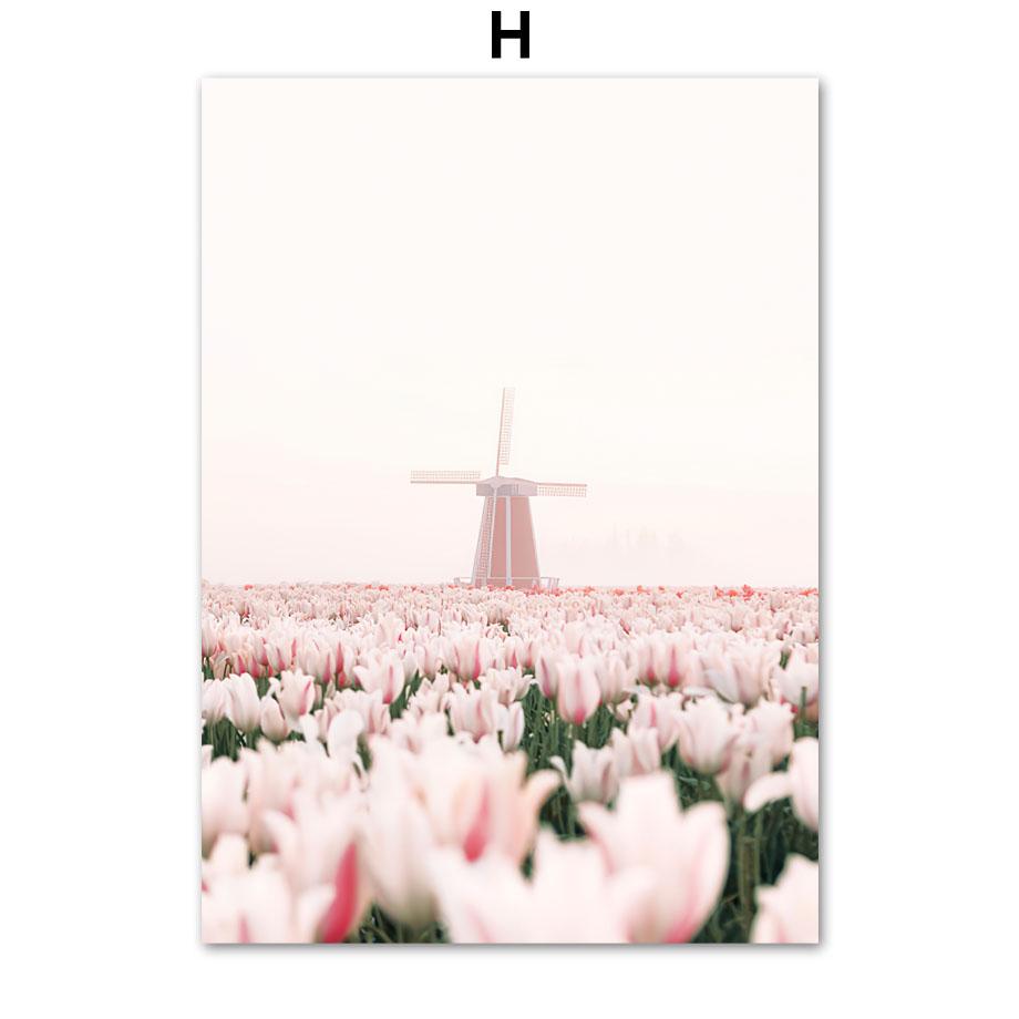 Oblak Tulipán Větrný mlýn Květ Jezero Pampeliška Rákos Pták Nástěnná Umělecká reprodukce Obraz na plátně Severský plakát Dekor Obrazy do obývacího pokoje