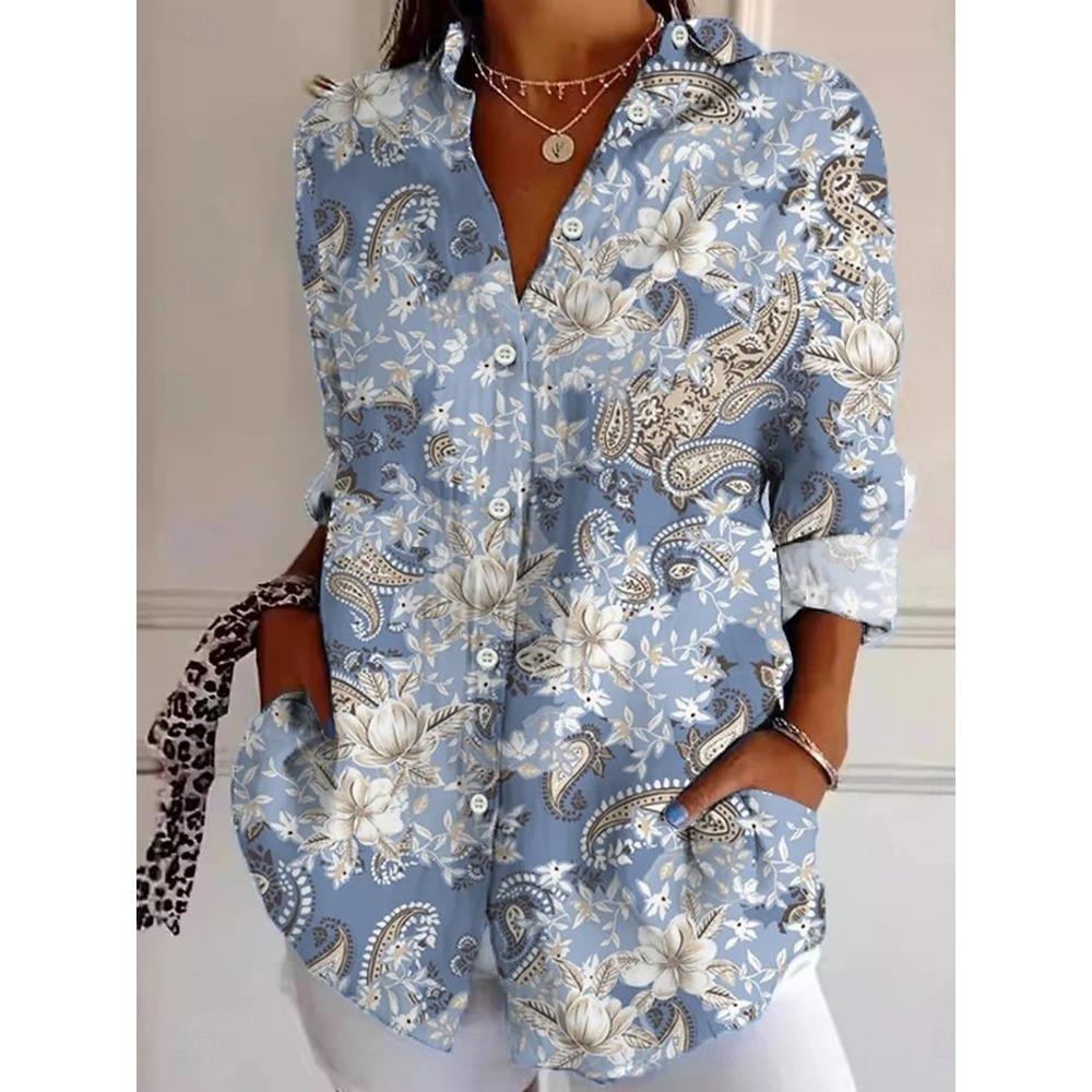 Women's Floral Graphics Elegant Vintage Tropical Printed Long Sleeve Shirt Casual Regular Tops Button Down Shirts Vintage Shirts