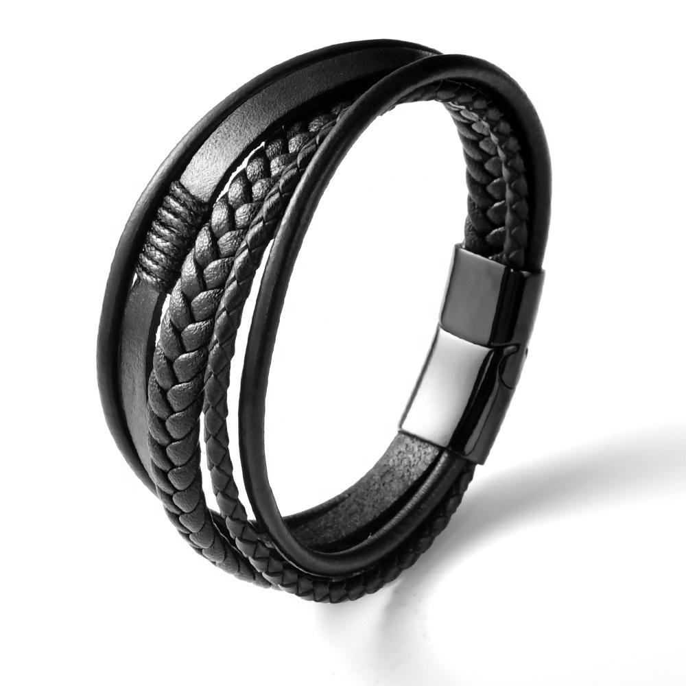 F252 Bracelets Multi-layer Mens Men Jewelry Stainless Steel Leather Bracelet for Men With Magnetic Clasp