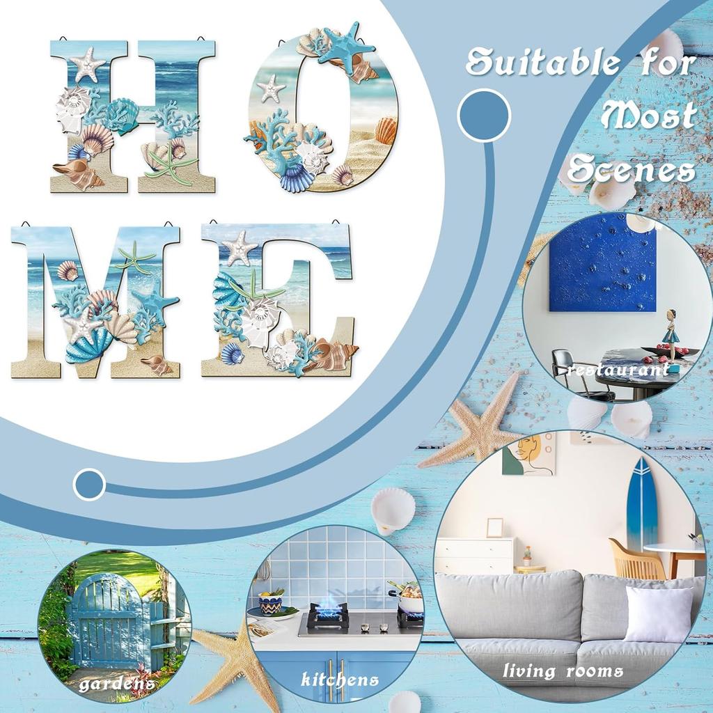 4 Pcs Wood Home Sign Coastal Beach Wall Decor Beach Style Signs Blue Starfish and Shell Wall Decor Beach Theme Sign for Home Letters Hanging Wall