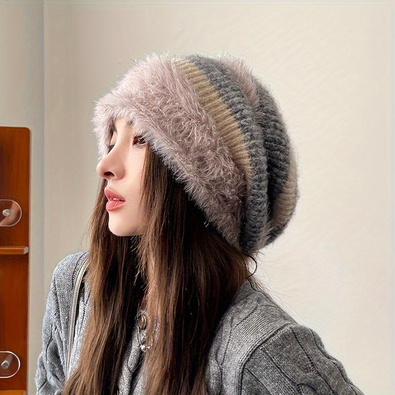 Women's Winter Chunky Knit Beanie - 100% Acrylic Plush Lined Elastic Slouchy Hat, Lightweight Thermal Warmth, No Brim Cap for Daily Wear