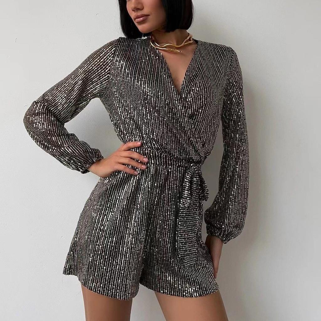 Women's Fashion Sequin Jumpsuit V-neck Long Sleeve Shiny Short Romper