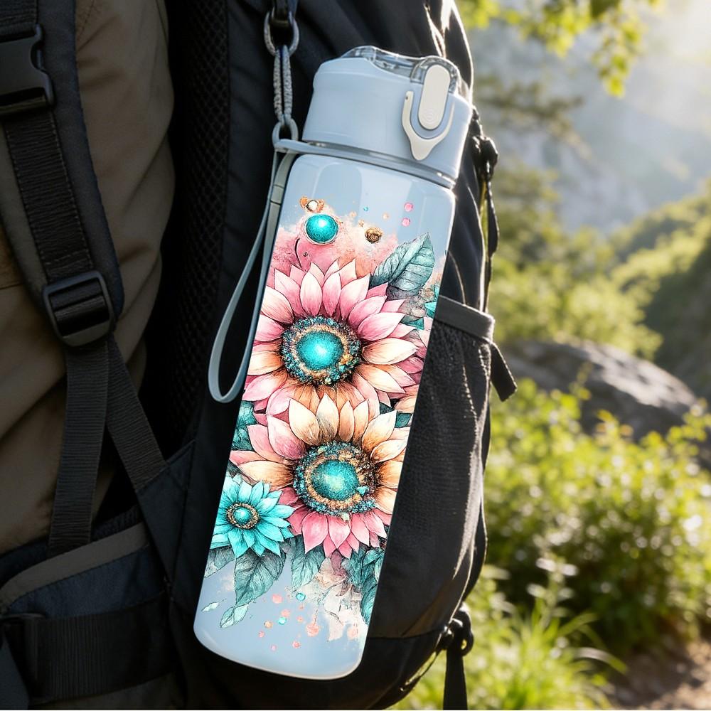 1PC Sunflower Mixed Floral Bouquet Print 750ml Color Plastic Sports Water Bottle Leakproof Flip Straw Lid Suitable for Sports Office Home Use